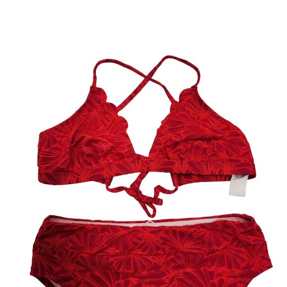 Cupshe Womens Red Floral High-Waist Bikini Set Scalloped Cross-Strap Size M - Picture 3 of 6
